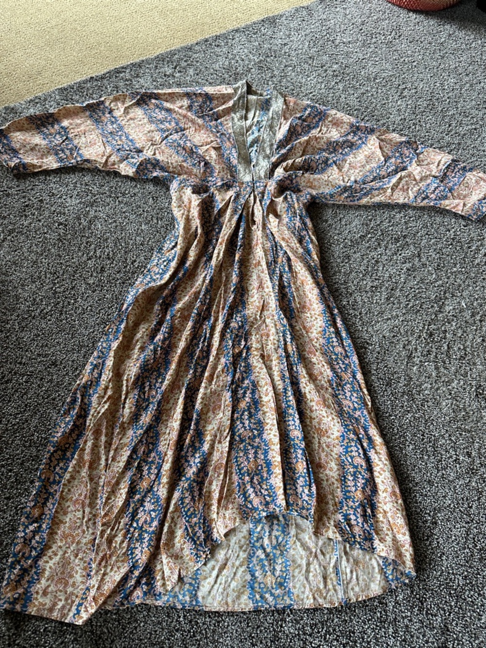 Bohemian Blue & Rust Printed size Small Maxi Dress V Neck Flowy Festival Outfit